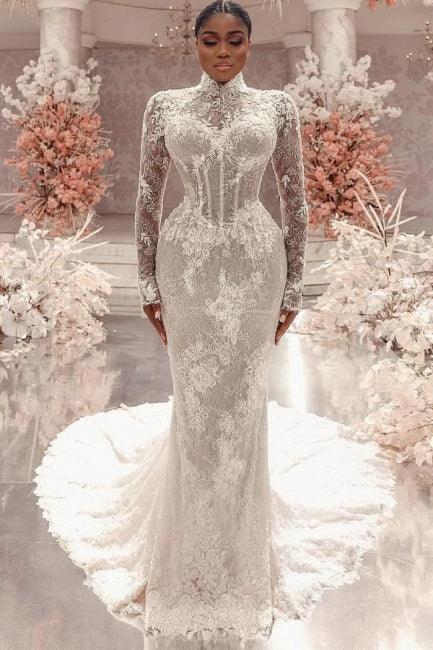 Amazing Column Lace High Neck Long Sleeve White Long Wedding Dress With Appliques Train