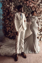 Amazing Column Lace High Neck Long Sleeve White Long Wedding Dress With Appliques Train