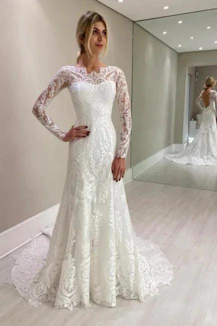 Amazing Column Lace Long Sleeve White Wedding Dresses With Appliques
