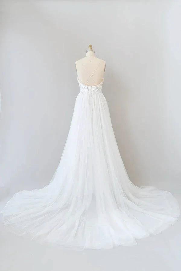 Amazing Long A-line Chapel Train Appliques Tulle Backless Wedding Dress