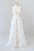 Amazing Long A-line Chapel Train Appliques Tulle Backless Wedding Dress
