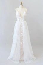 Amazing Long A-line Chapel Train Appliques Tulle Backless Wedding Dress
