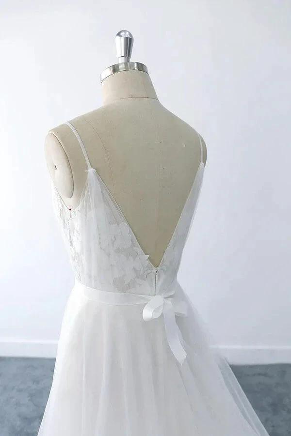 Amazing Long A-line V-neck Ruffle Appliques Tulle Wedding Dress