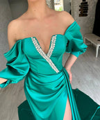 Amazing Long Green A-line Off-the-shoulder Prom Dress With Slit
