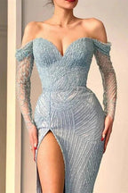 Amazing Long Mermaid Off-the-shoulder Split Lace Sequined Prom Dress With Long Sleeves