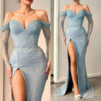Amazing Long Mermaid Off-the-shoulder Split Lace Sequined Prom Dress With Long Sleeves