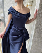 Amazing Long Navy Off-the-shoulder Mermaid Prom Dress With Slit