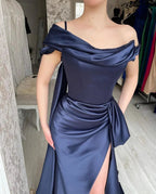 Amazing Long Navy Off-the-shoulder Mermaid Prom Dress With Slit