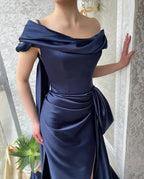 Amazing Long Navy Off-the-shoulder Mermaid Prom Dress With Slit