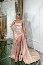 Amazing Long Pink A-line Strapless Sequined Beading Prom Dress with Slit