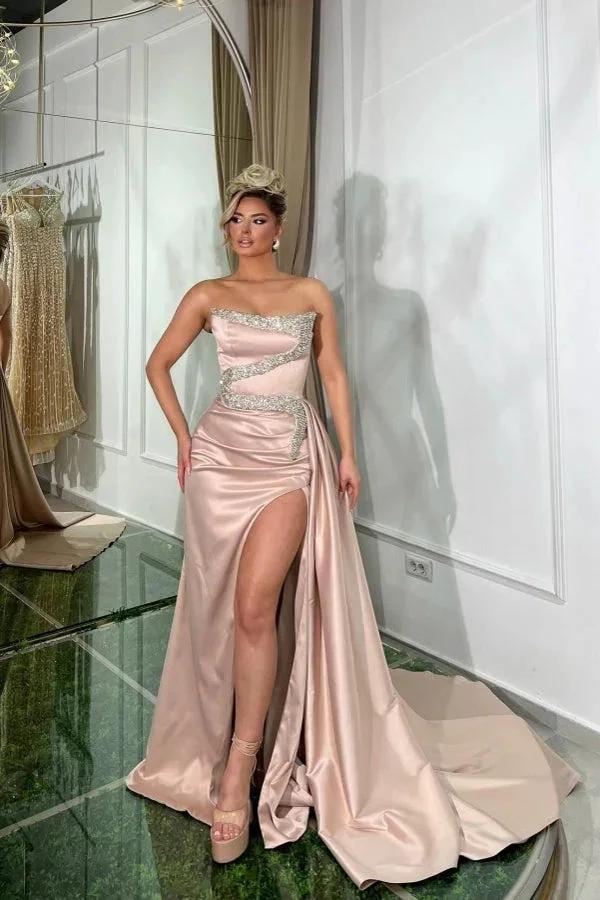 Amazing Long Pink A-line Strapless Sequined Beading Prom Dress with Slit