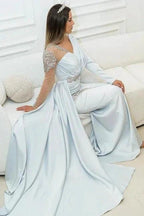 Amazing Silver Long Lace Beading Mermaid Evening Dresses With Long Sleeves