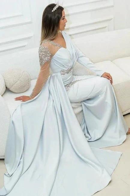 Amazing Silver Long Lace Beading Mermaid Evening Dresses With Long Sleeves