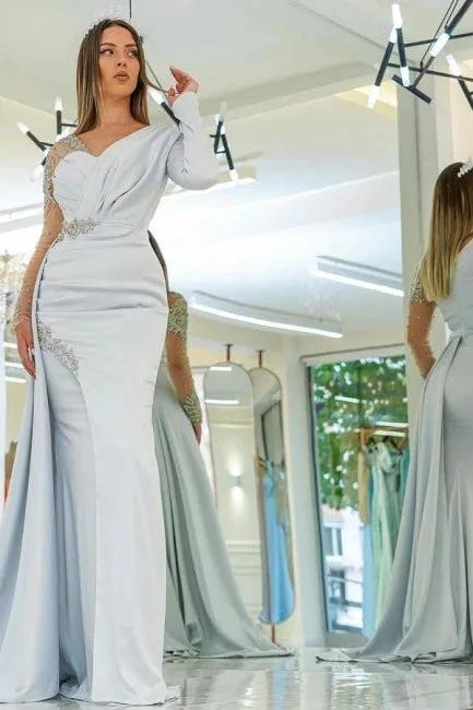 Amazing Silver Long Lace Beading Mermaid Evening Dresses With Long Sleeves