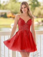 A-Line Spaghetti-Straps Sky Blue Lace Homecoming Dress With Appliques