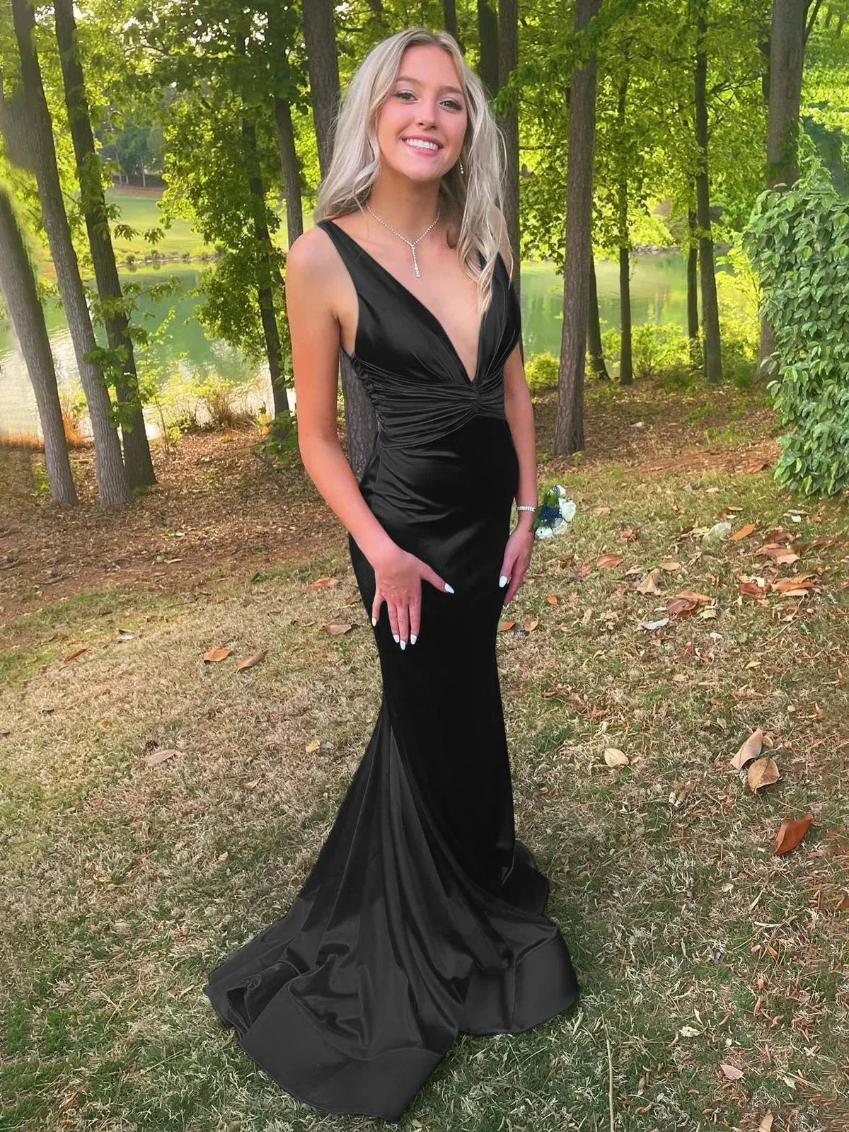 Anwea | Plunge Blue Satin Ruched Mermaid Prom Dress