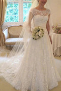 Applique Short Sleeves Square Lace Ribbon Wedding Dress