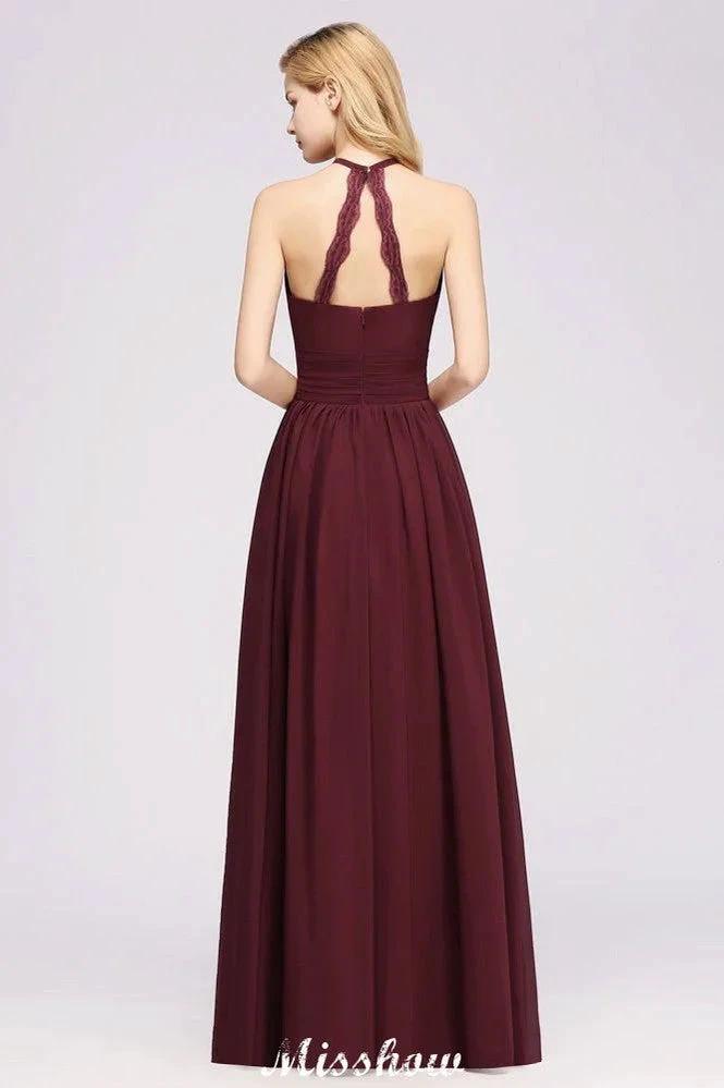 Appliques Halter Sleeveless Floor-Length Bridesmaid Dresses with Ruffles A-line Chiffon Evening Maxi Dress