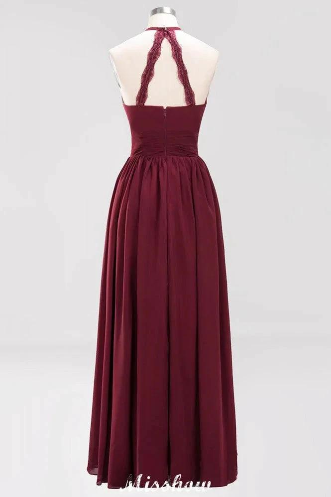 Appliques Halter Sleeveless Floor-Length Bridesmaid Dresses with Ruffles A-line Chiffon Evening Maxi Dress