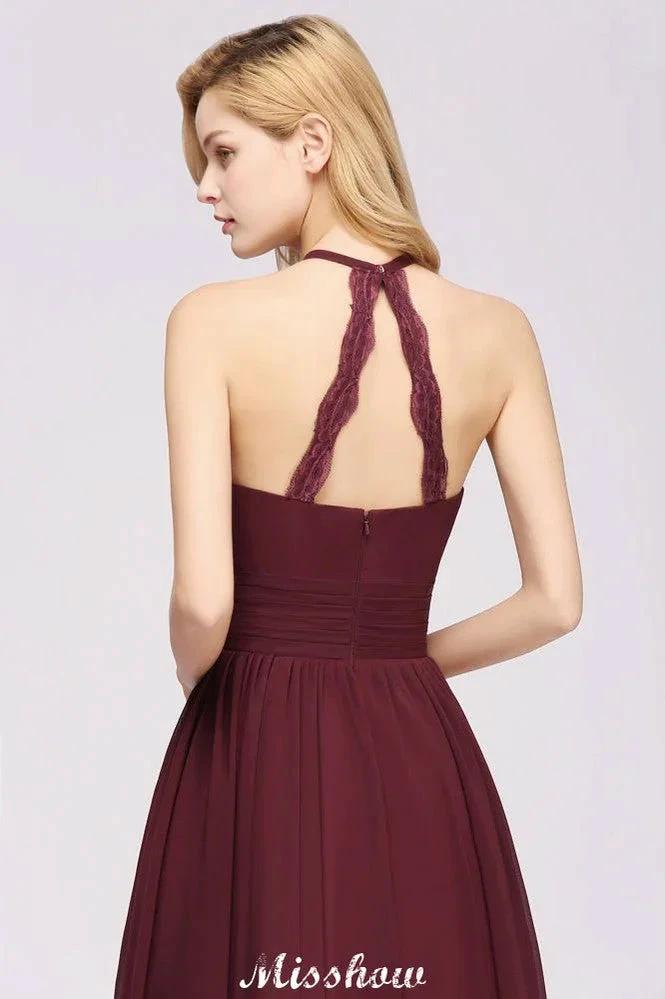 Appliques Halter Sleeveless Floor-Length Bridesmaid Dresses with Ruffles A-line Chiffon Evening Maxi Dress