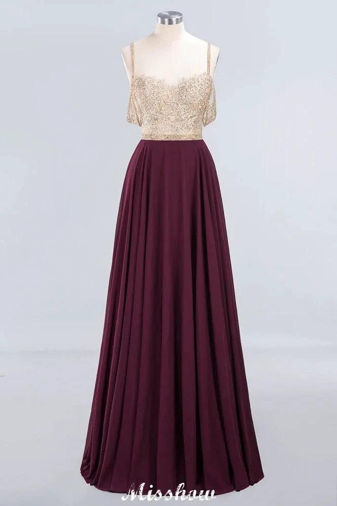 Appliques Spaghetti Straps Prom Dresses | A-Line Sleeveless Evening Dresses