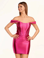 Fuchsia Sheath Off the Shoulder Short Satin Homecoming Dress