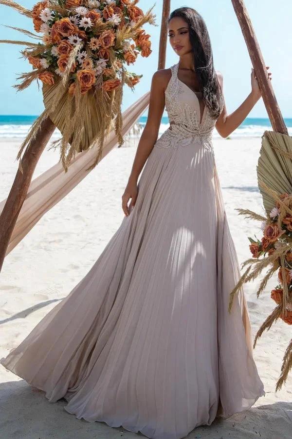 Attractive Long A-line V-neck Lace Beading Sleeveless Beach Wedding Dress