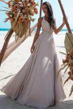 Attractive Long A-line V-neck Lace Beading Sleeveless Beach Wedding Dress
