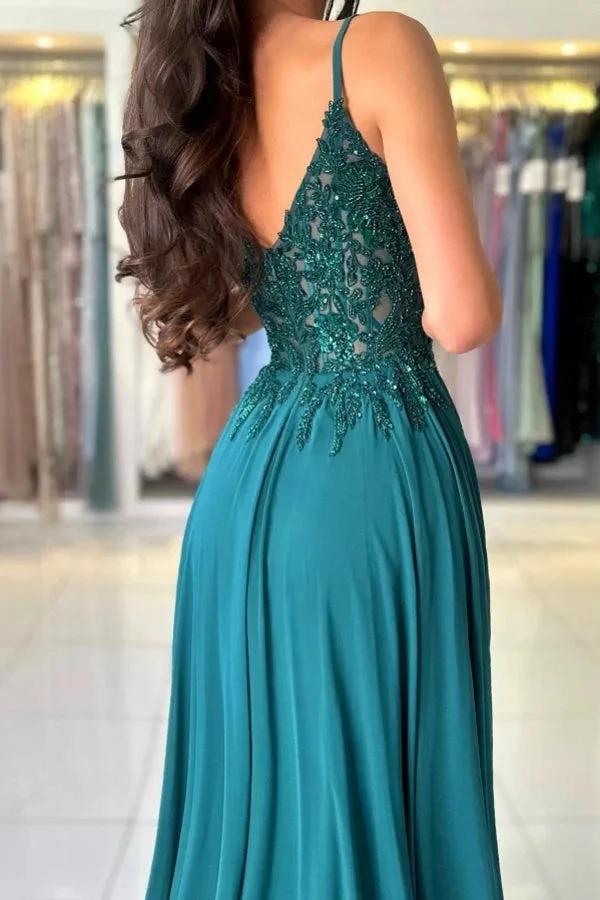 Attractive Long Green A-line Spaghetti Straps Lace Prom Dress with Slit