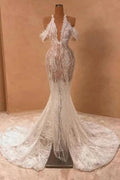 Attractive Long Ivory Halter Off-the-shoulder Mermaid Split Front Prom Dress with Lace