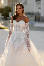 Attractive Long White A-line Off-the-shoulder Lace Wedding Dress with Long Sleeves