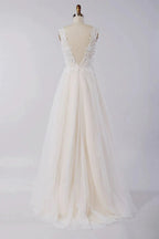 Awesome Long A-line Appliques Lace Tulle Open Back Wedding Dress