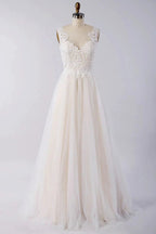 Awesome Long A-line Appliques Lace Tulle Open Back Wedding Dress