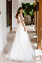 Awesome Long A-line Beading Tulle Open Back Wedding Dress