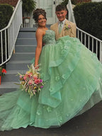 Azurena | Ball Gown Sweetheart Sage Green Tulle Long Prom Dresses with Appliques