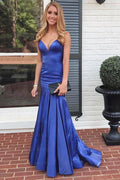 Regal Blue Mermaid V-Neck Evening Gown with Spaghetti Straps