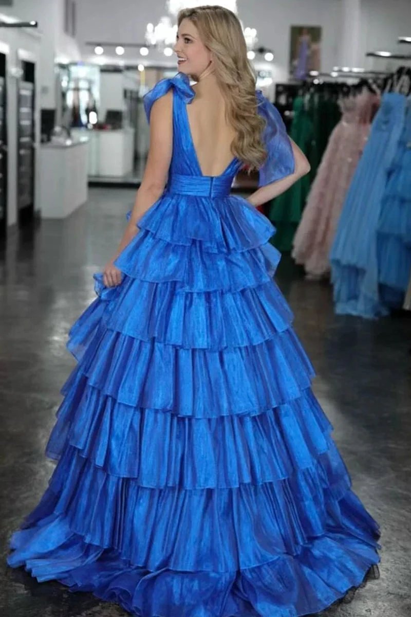 August | Glitter Tie Straps Pink Plunging Neck Tiered Long Prom Dress
