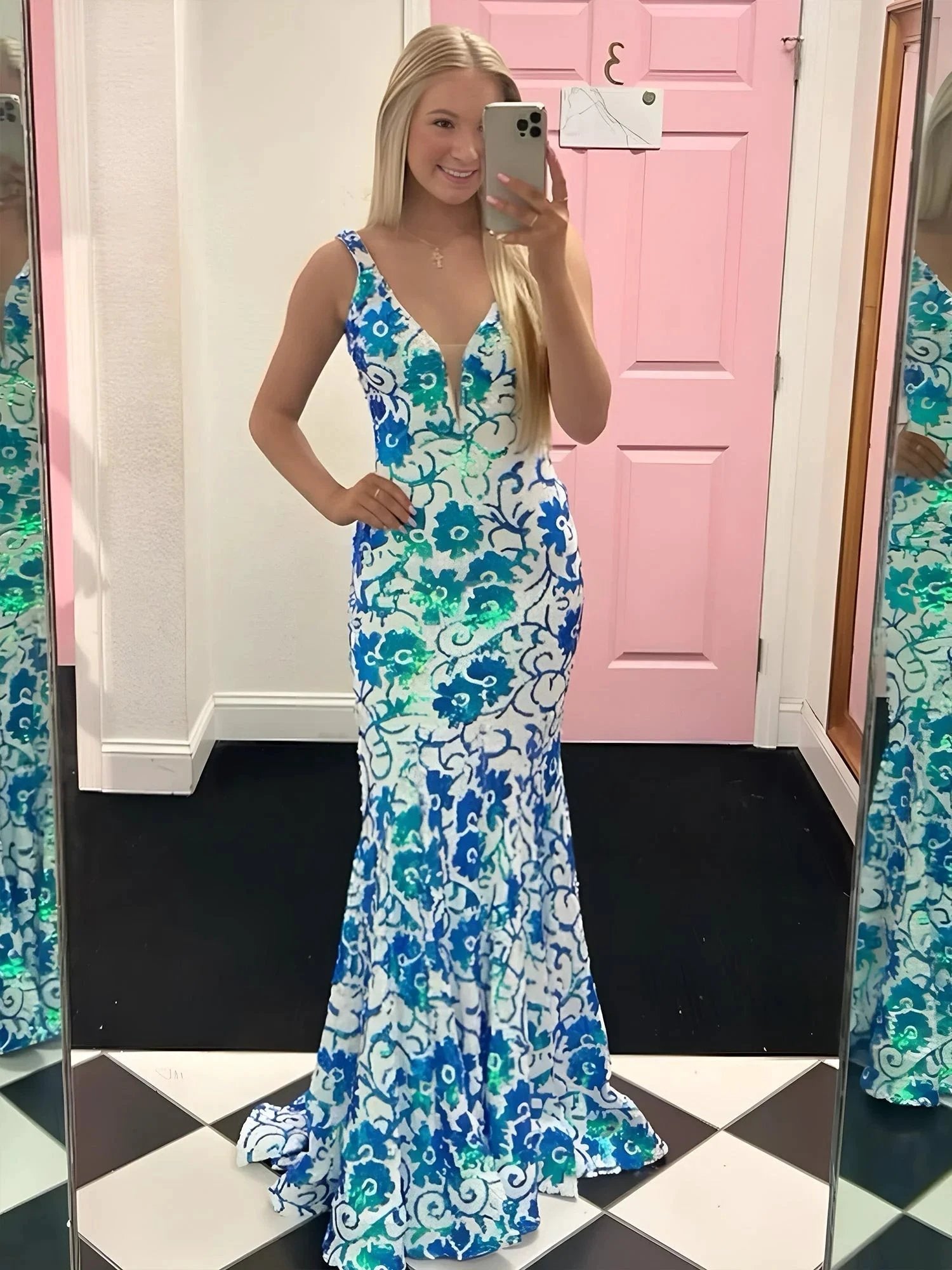 Bailey | Pink V Neck Sequin Lace Mermaid Prom Dress