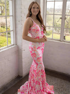 Bailey | Pink V Neck Sequin Lace Mermaid Prom Dress