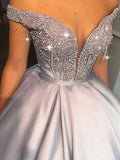 Ball Gown Beading Satin Off-the-Shoulder Sleeveless Floor-Length Prom Dresses