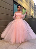 Ball Gown Hand-Made Flower Tulle Long Sleeves Off-the-Shoulder Floor-Length Prom Dresses