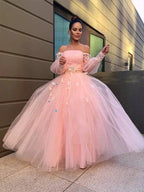 Ball Gown Hand-Made Flower Tulle Long Sleeves Off-the-Shoulder Floor-Length Prom Dresses