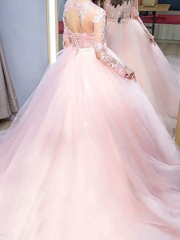Ball Gown Jewel Long Sleeves Lace Tulle Prom Dresses