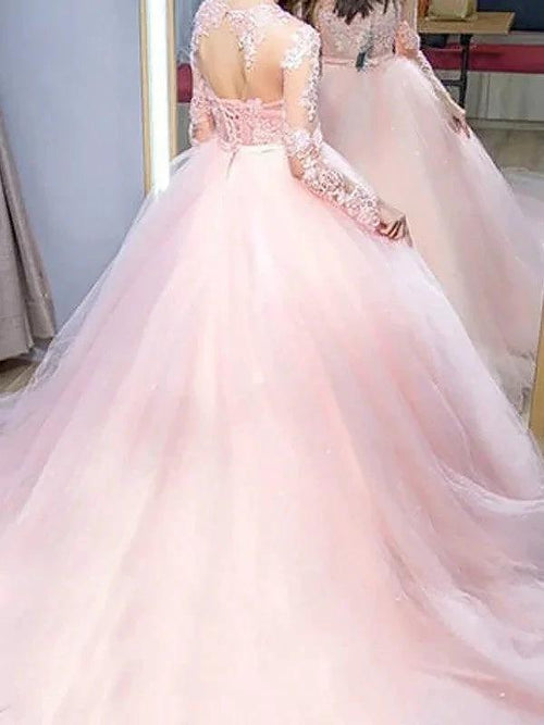 Ball Gown Jewel Long Sleeves Lace Tulle Prom Dresses