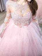 Ball Gown Jewel Long Sleeves Lace Tulle Prom Dresses