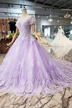 Ball Gown Lilac Short Sleeves Prom Dresses Wedding Dresses with Lace  PM244