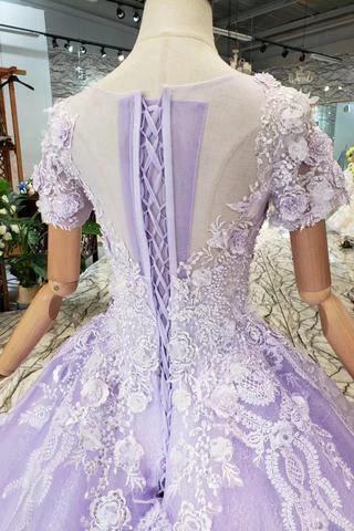 Ball Gown Lilac Short Sleeves Prom Dresses Wedding Dresses with Lace  PM244