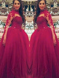 Ball Gown Long Sleeves High Neck Applique Floor-Length Tulle Prom Dresses