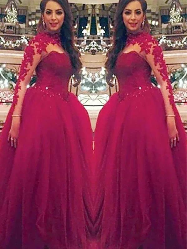 Ball Gown Long Sleeves High Neck Applique Floor-Length Tulle Prom Dresses