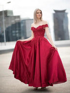 Ball Gown Off-the-Shoulder Satin Applique Sleeveless Floor-Length Prom Dresses